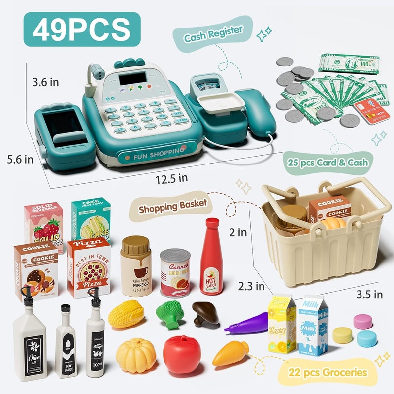 STACTCUTE 49PCS Pretend Play Cash Register Toy Set for Kids with Real Calculator,Scanner,Microphone,Conveyor Belt,Weighing Tool,Cashier Playset Realistic Gift for Toddler Kid Ages 3 4 5 6 7 8 (Green) - Image 2